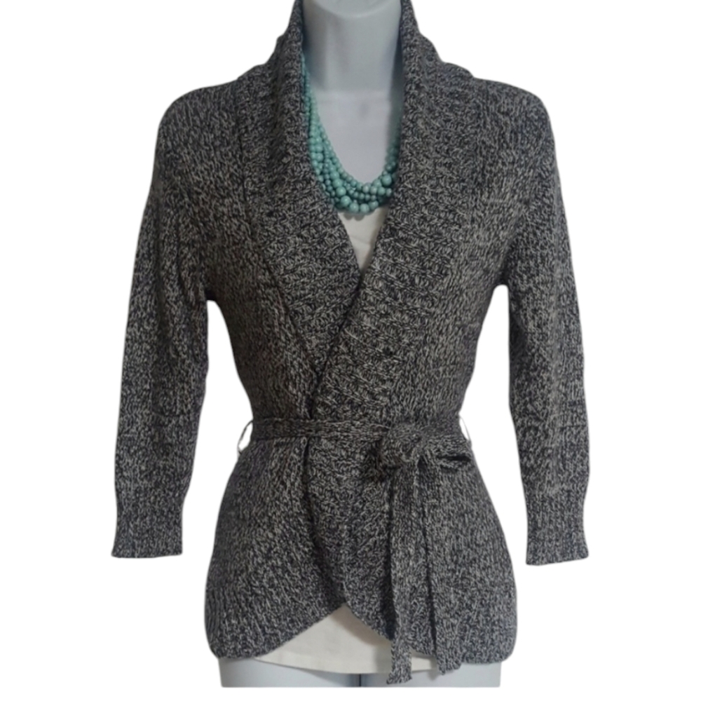 A. Byer Womens Medium Merle Gray Cardigan Oversize Collar Tulip Hem Tie Waist